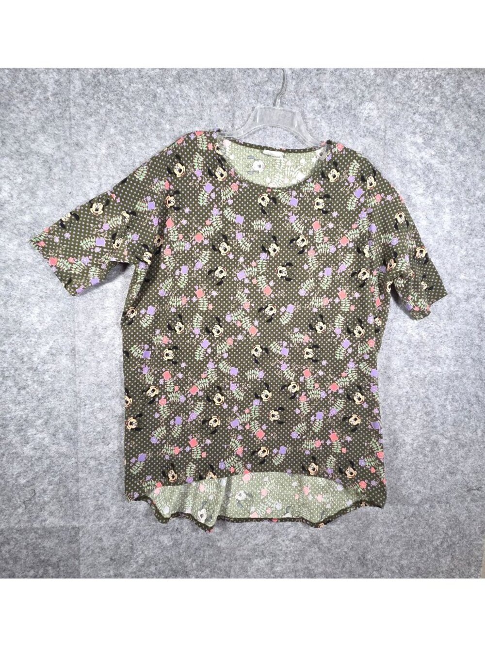 LulaRoe Disney Minnie Mouse Irma Tunic Top XL Olive Green Floral High Low Pullov